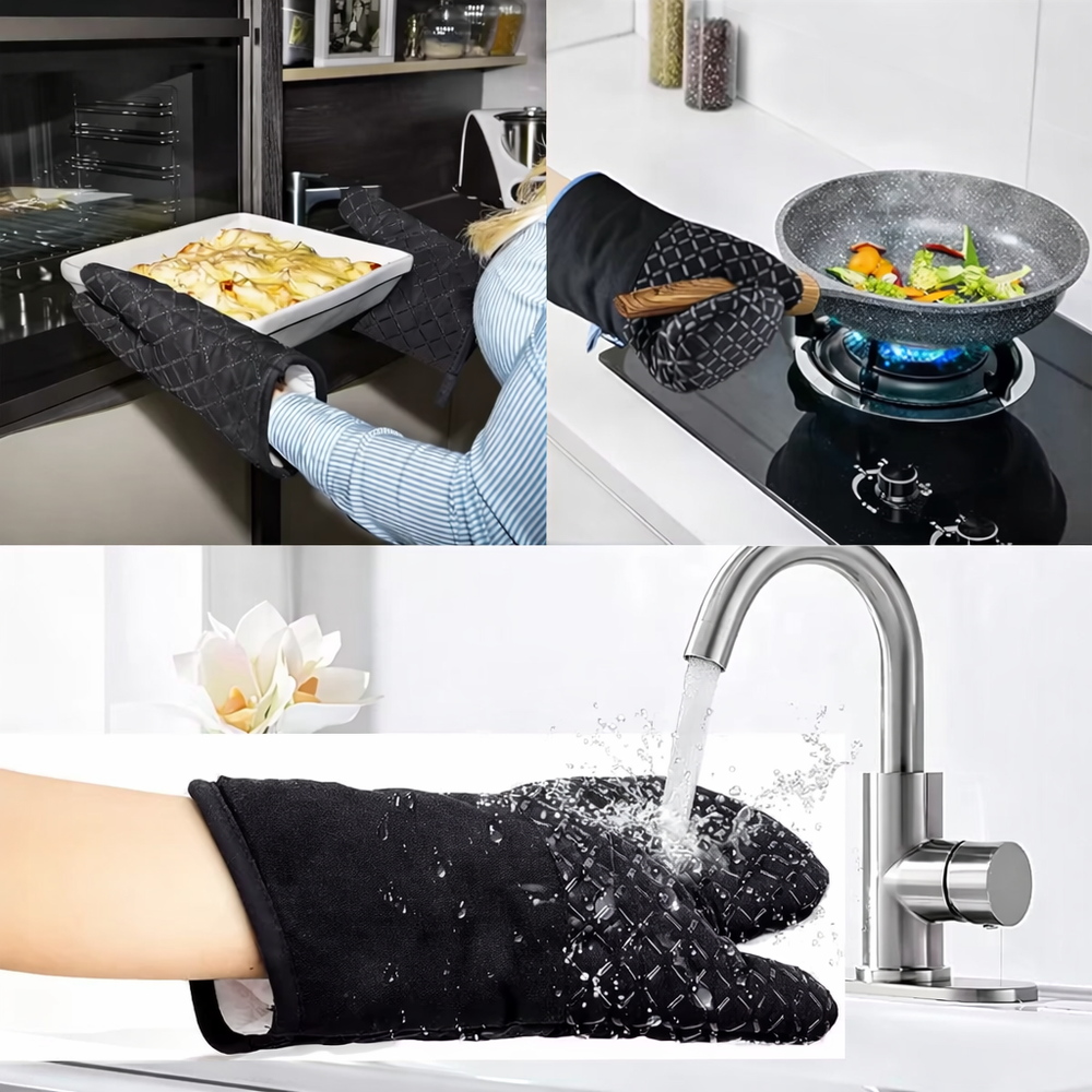 Robuste Ofenhandschuhe für Hitzeschutz beim Backen, Kochen und Grillen; extra lang für Unterarmschutz.