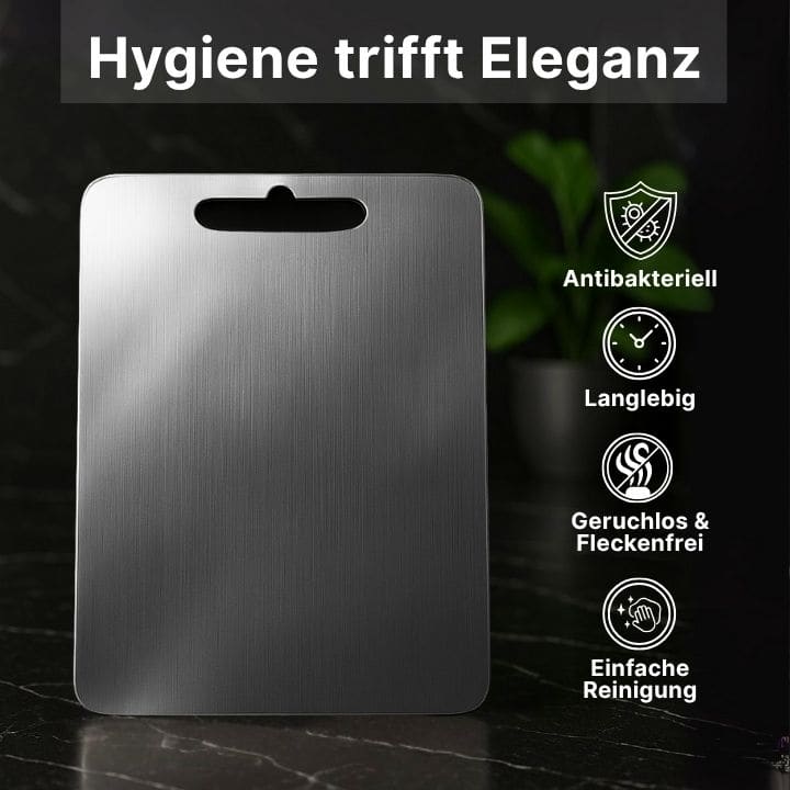 Elegantes Titan Schneidebrett mit glatter Oberfläche, sehr pflegeleicht und hygienisch.
