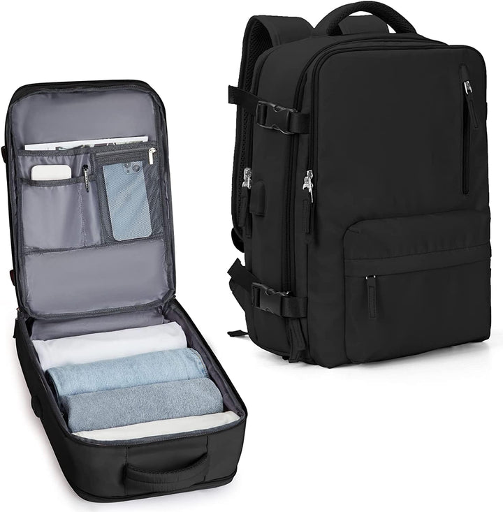 Kompakter 40L Reiserucksack für Flugreisen, mit USB-Anschluss, Laptopfach & Schuhfach.