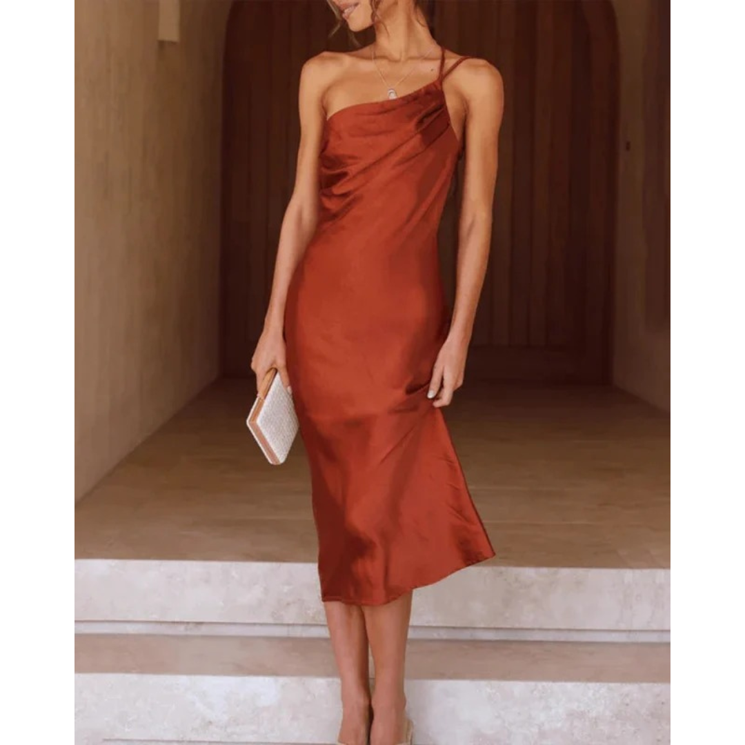Schmal geschnittenes One-Shoulder Midi-Kleid in Braun, perfekt als Cocktailkleid oder für Hochzeiten.