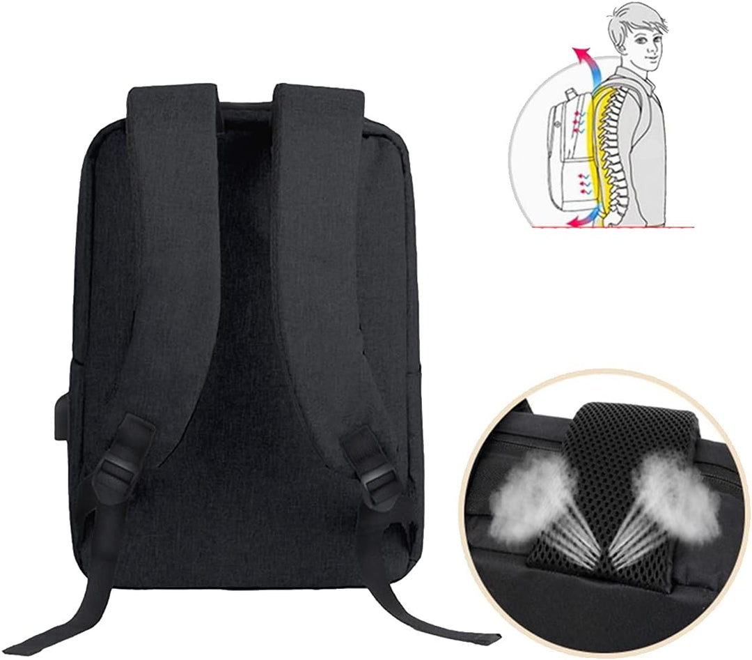 Innenansicht: schlanker Business-Rucksack (schwarz) mit cleveren Fächern für Stifte, Handy & Notizbuch.
