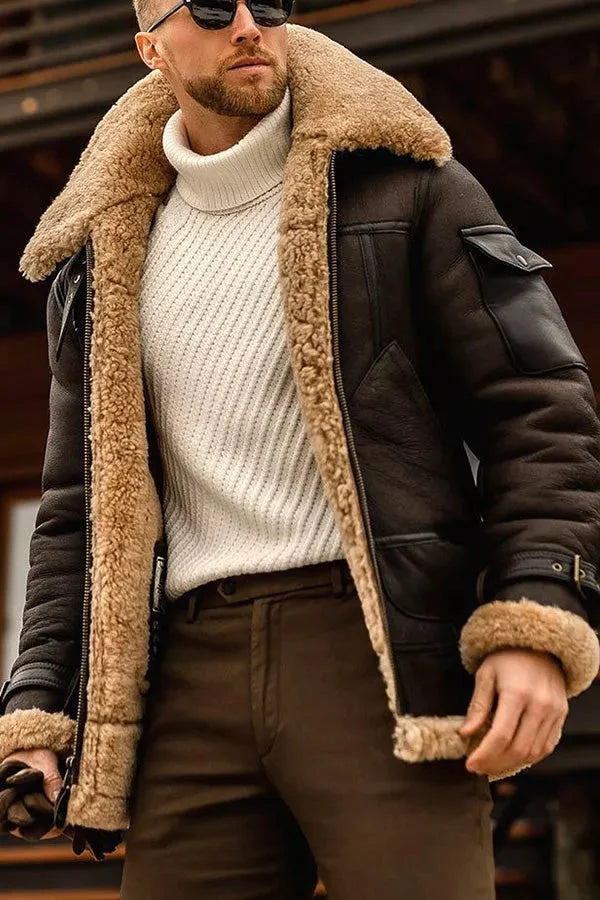Herren Pilotenjacke aus Shearling, braun, warm & stilvoll für den Winter. Vintage-Lederjacke mit Lammfellfutter.