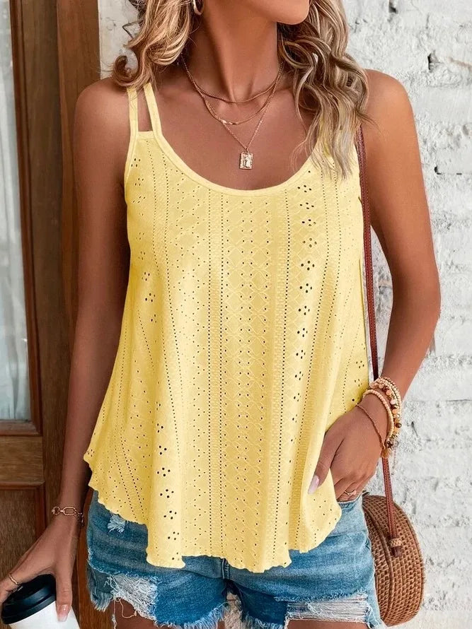 Damen Sommer Camisole Top in A-Linie. Luftig, bequem & locker mit Lochmuster & Spaghettiträgern.