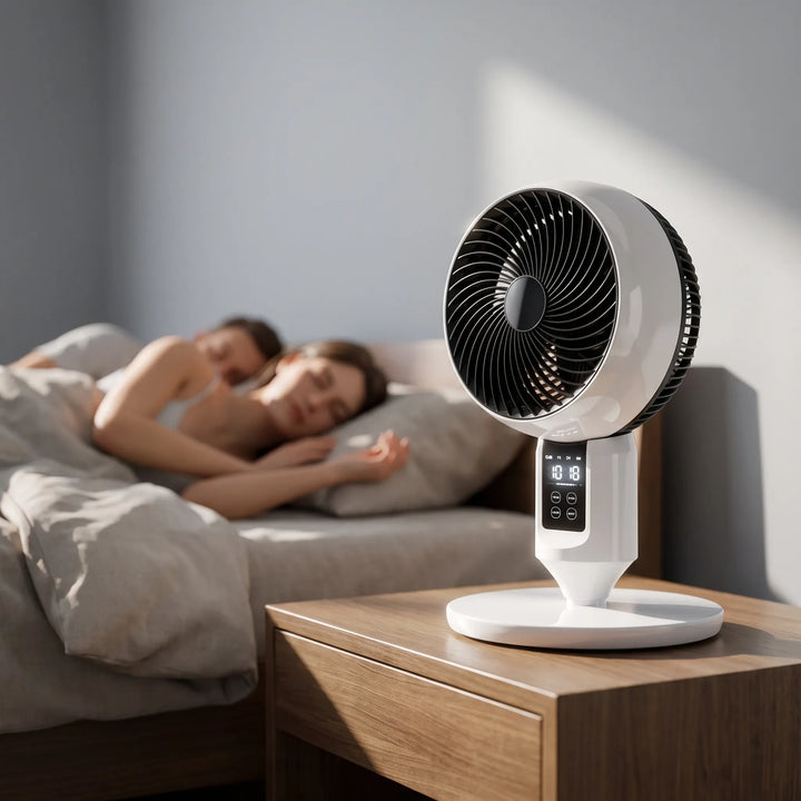 Oszillierender Standventilator in Aktion, verteilt leise frische Luft im Raum. Perfekte Sommer-Kühlung.