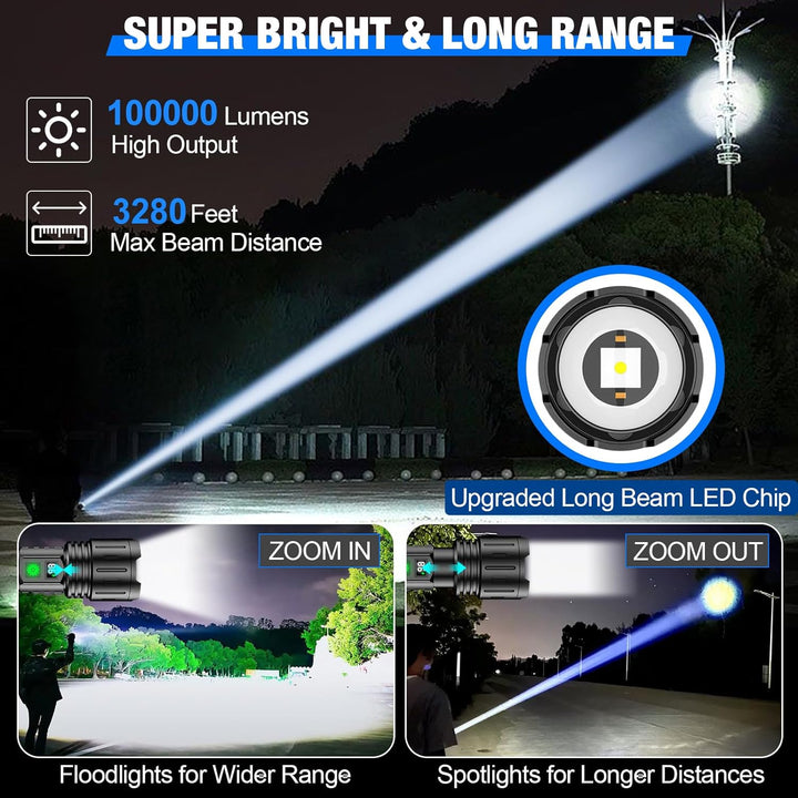 Helle, taktische LED Taschenlampe, wiederaufladbar & wasserdicht, perfekt für Camping und Abenteuer.