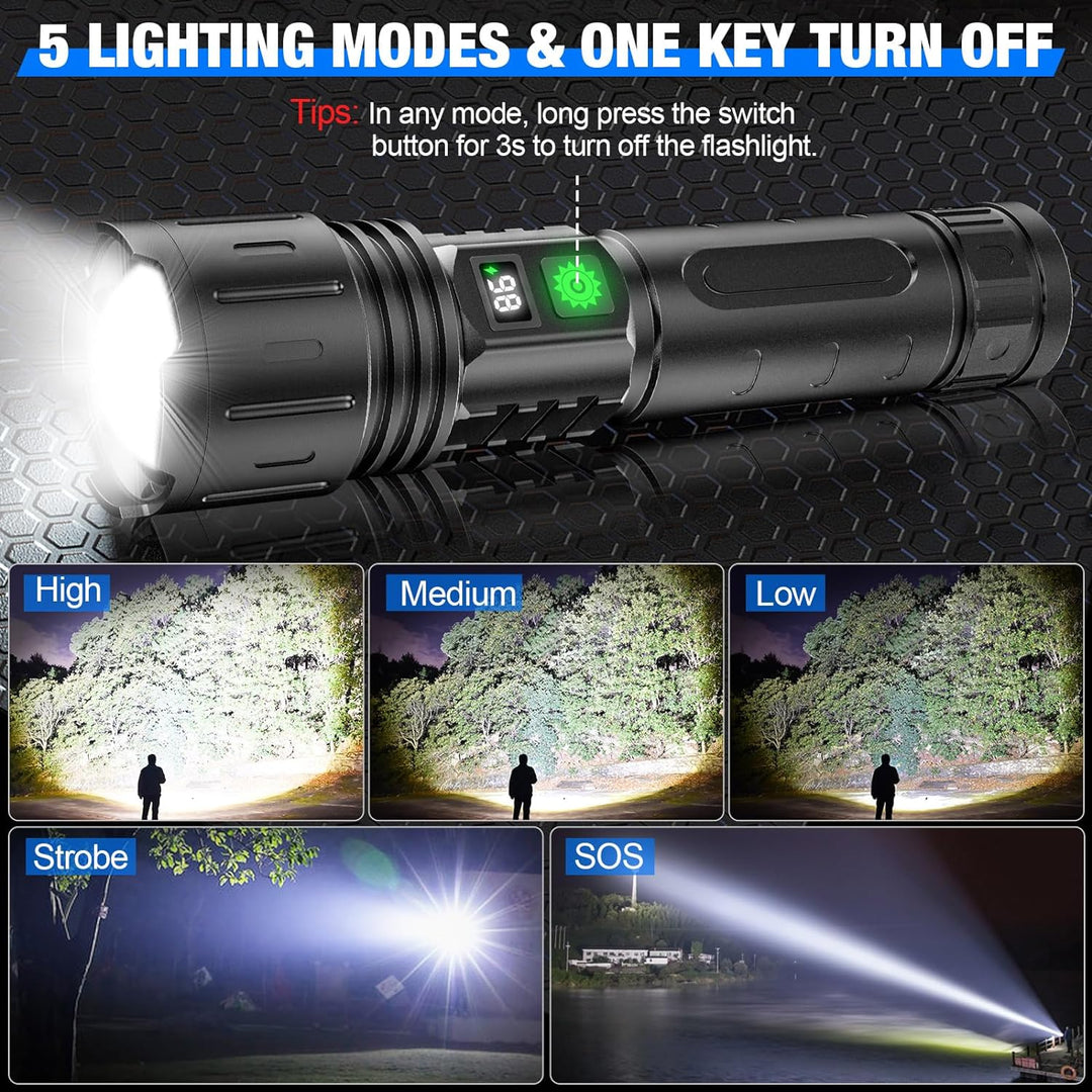Robuste Outdoor LED Taschenlampe aus Flugzeugaluminium, mit Powerbank-Funktion für Smartphones, für Abenteurer.