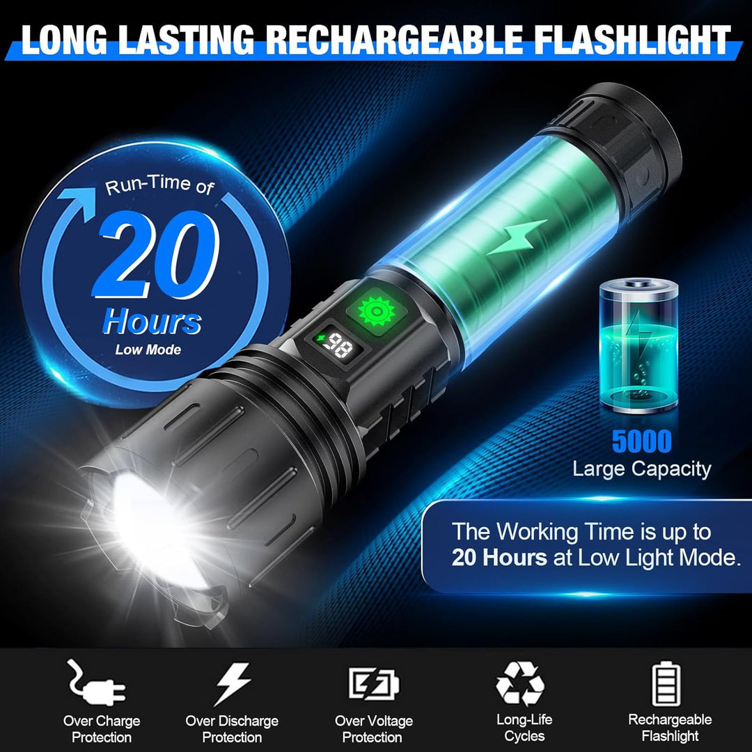 Wiederaufladbare, helle LED Taschenlampe für Outdoor-Abenteuer, mit integrierter Powerbank für extra Energie.