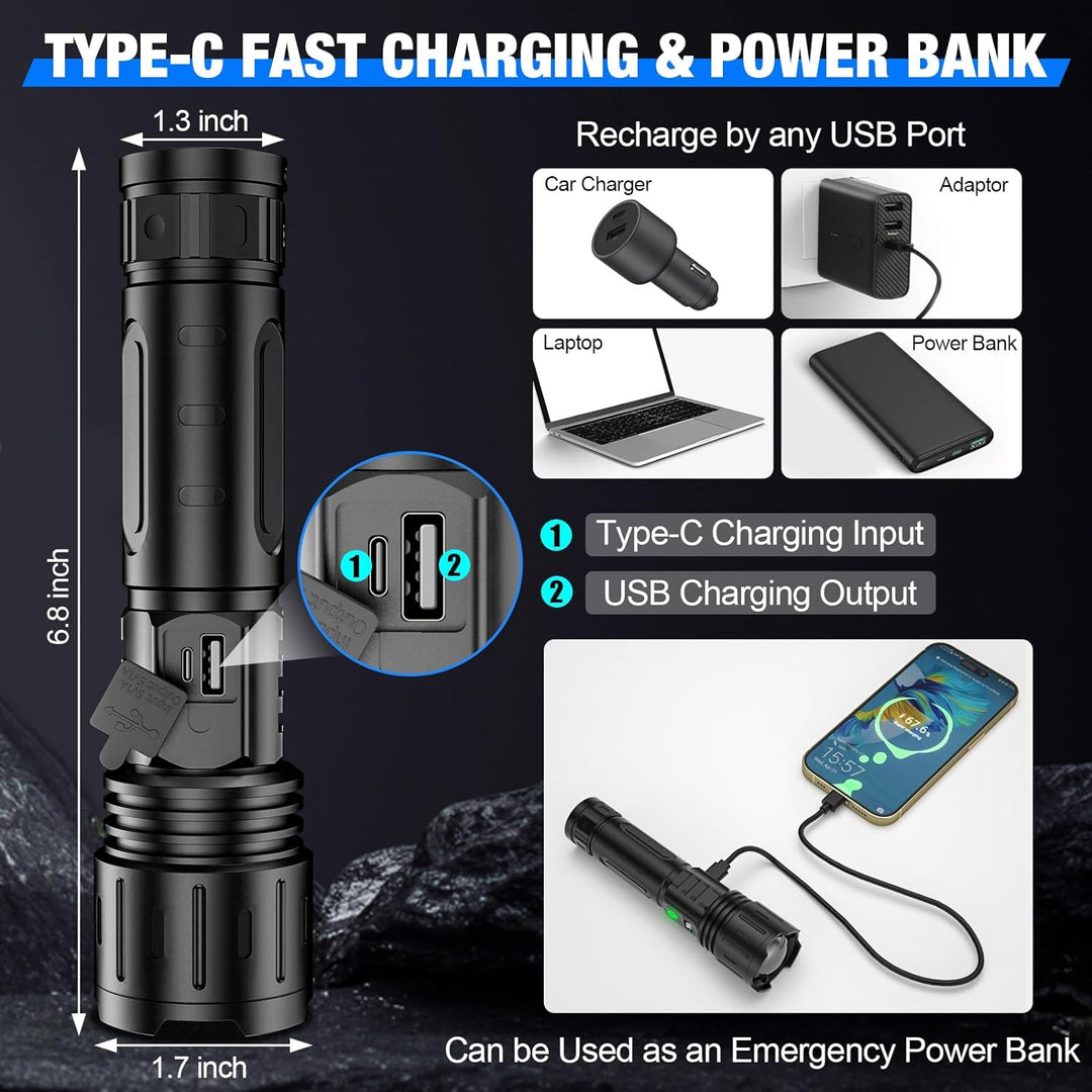 Taktische, wasserdichte LED Taschenlampe mit starkem Lichtstrahl und Powerbank, ideal für Camping & Survival.
