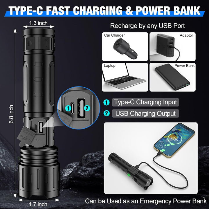 Taktische, wasserdichte LED Taschenlampe mit starkem Lichtstrahl und Powerbank, ideal für Camping & Survival.