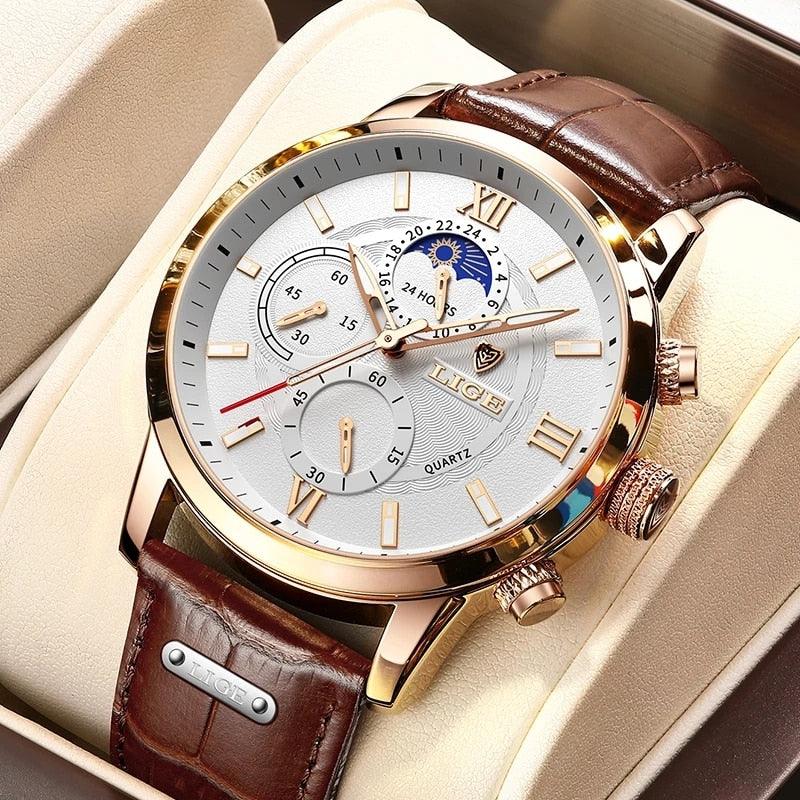 Hochwertiges, dunkelbraunes Lederarmband einer Herrenuhr. Komfortabel, stilvoll und robust für jeden Anlass.