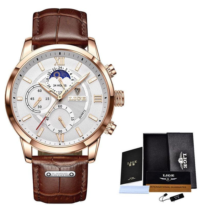 Herrenuhr mit Lederarmband präsentiert in eleganter Geschenkbox. Perfektes, stilvolles Präsent für Männer.