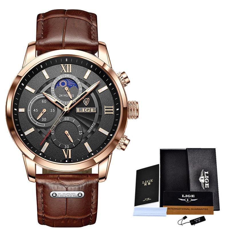 Elegante Herrenuhr aus Edelstahl mit Datumsfunktion und braunem Lederarmband. Zeitloses, klassisches Design.