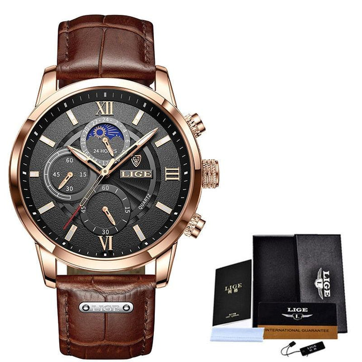 Elegante Herrenuhr aus Edelstahl mit Datumsfunktion und braunem Lederarmband. Zeitloses, klassisches Design.
