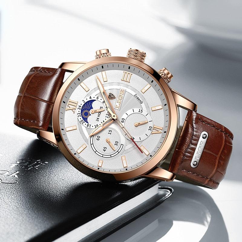 Stilvolle Herrenuhr mit braunem Lederarmband und präzisem Quarzwerk. Elegantes Accessoire für Business & Freizeit.