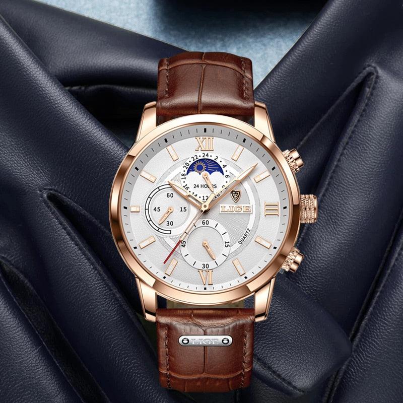 Business-Herrenuhr mit Lederarmband und Datumsfunktion. Stilvolles Accessoire für das Büro und formelle Anlässe.