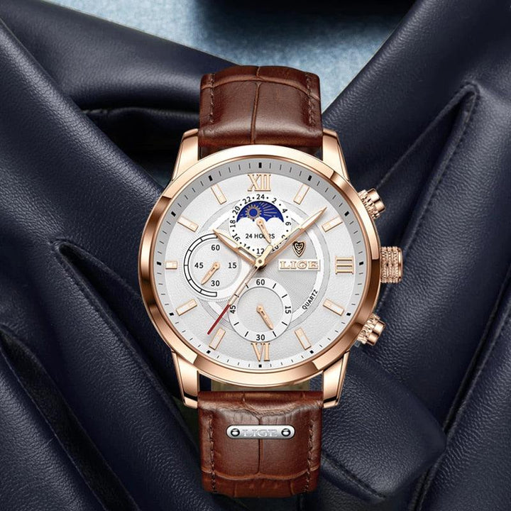 Business-Herrenuhr mit Lederarmband und Datumsfunktion. Stilvolles Accessoire für das Büro und formelle Anlässe.