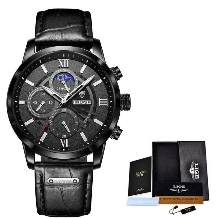 Robuste Freizeituhr für Herren mit braunem Lederarmband. Wasserdicht und ideal für den aktiven Alltag.