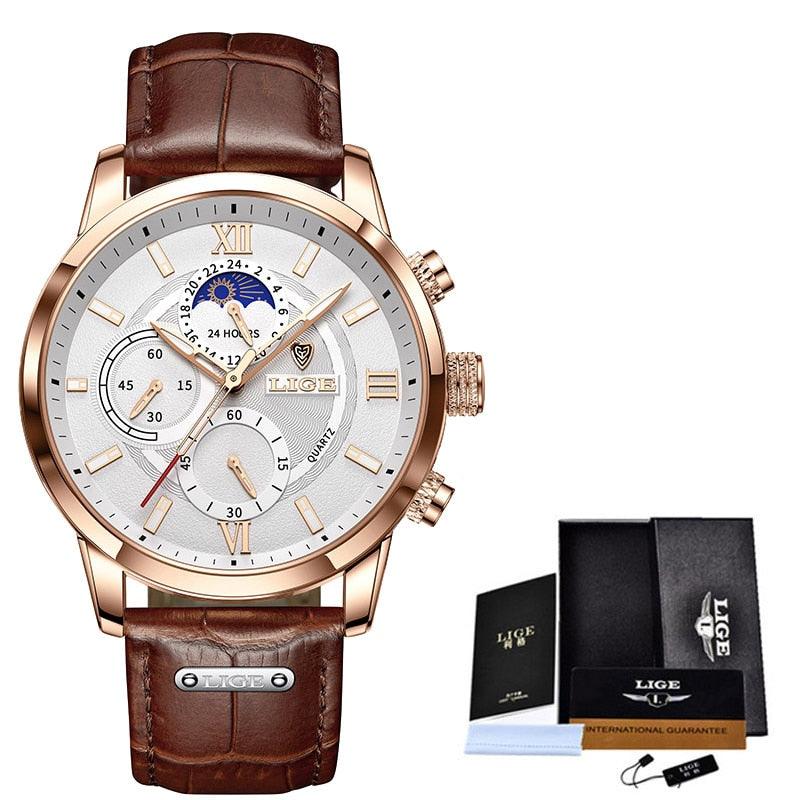 Herrenuhr am Handgelenk getragen. Klassisches Design mit Lederarmband, perfektes, stilvolles Accessoire.