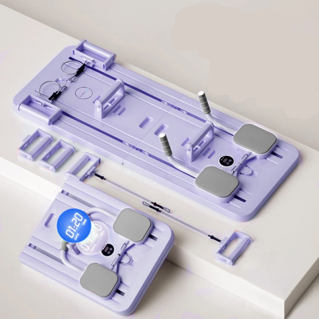 Pilates Reformer Set mit Widerstandsbändern für effektives Ganzkörpertraining zu Hause.