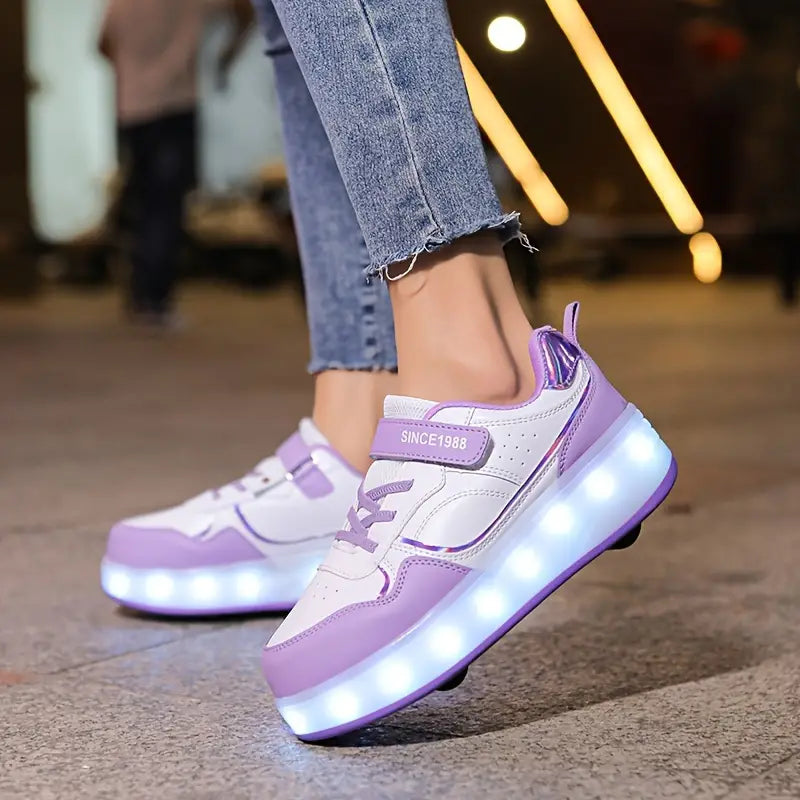 GlideGlow LED-Rollschuh-Sneaker für Jungen & Mädchen, mit ausziehbaren Rollen für Skaten oder als normale Leuchtschuhe.