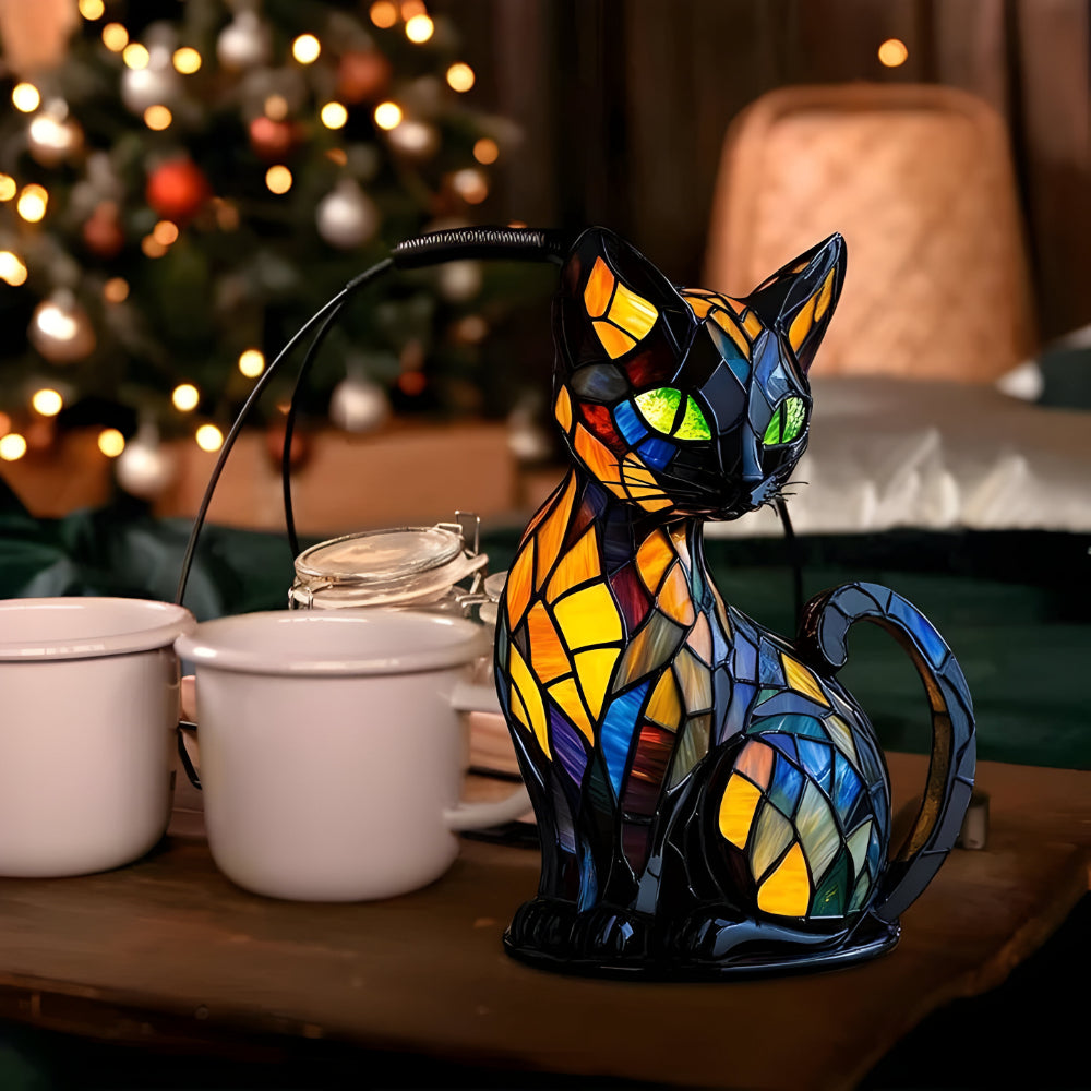 Originelle Nachttischlampe in Katzenform aus Glas, handgefertigt und mit faszinierendem Farbwechsel.
