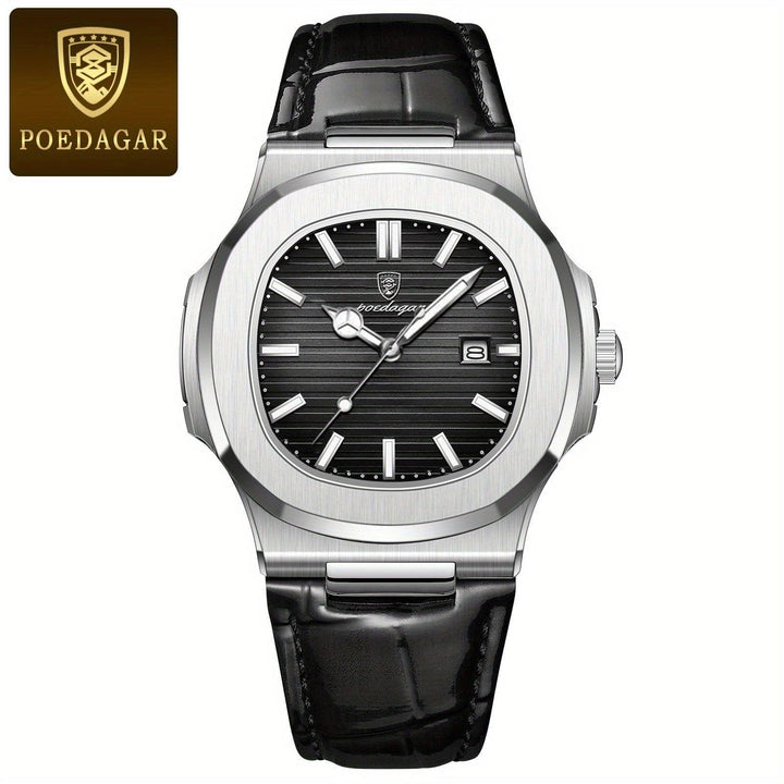 Die zeitlose Herrenuhr präsentiert sich in einem stilvollen Etui; eine präzise Armbanduhr als Geschenkidee.