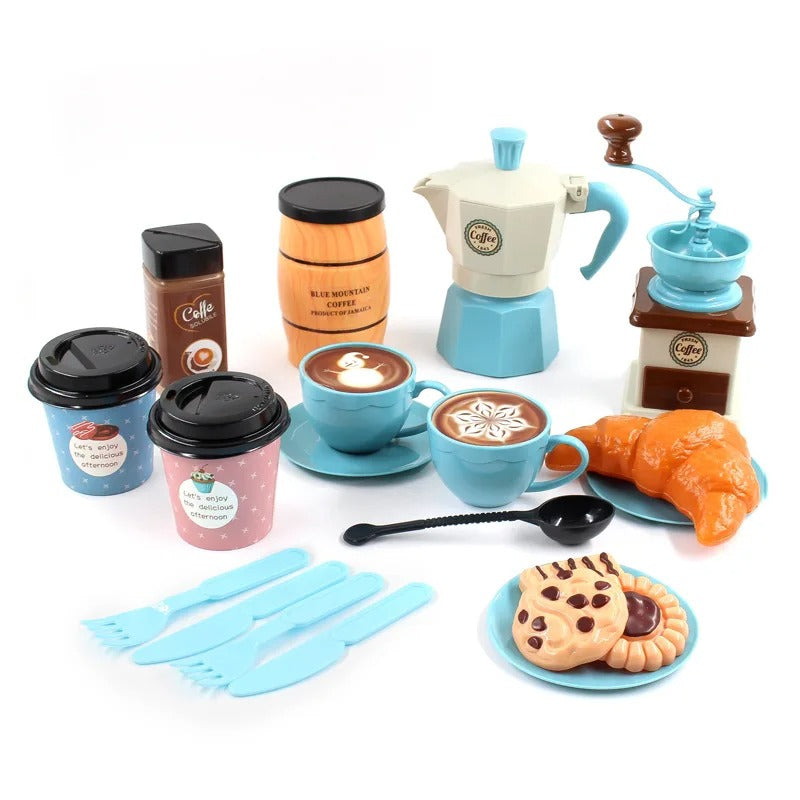 Detailaufnahme Barista Spielzeug-Kaffeemaschine mit Tassen, perfekt für kleines Café Rollenspiel für Kinder.