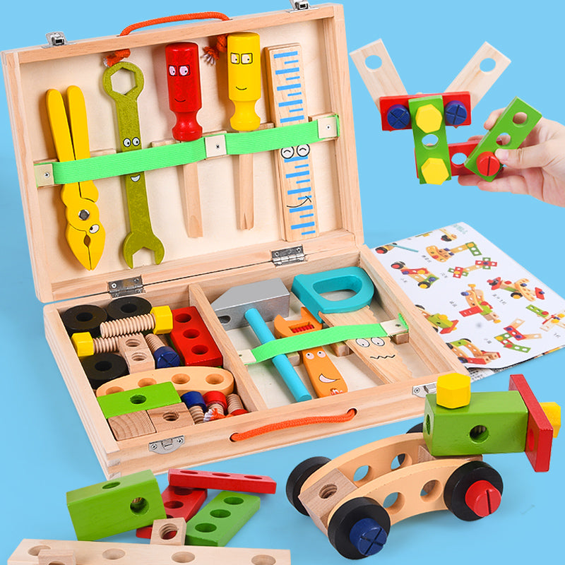 Interaktiver Holz-Baukasten MakerBox für Kinder, fördert Motorik & Kreativität. Montessori Lernspielzeug aus Holz.