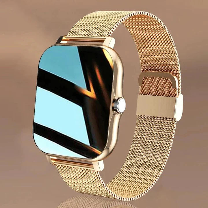 Damen Fitness Tracker Smartwatch mit Herzfrequenzmesser, Blutdruck- & Schlafüberwachung, schwarzes Band.