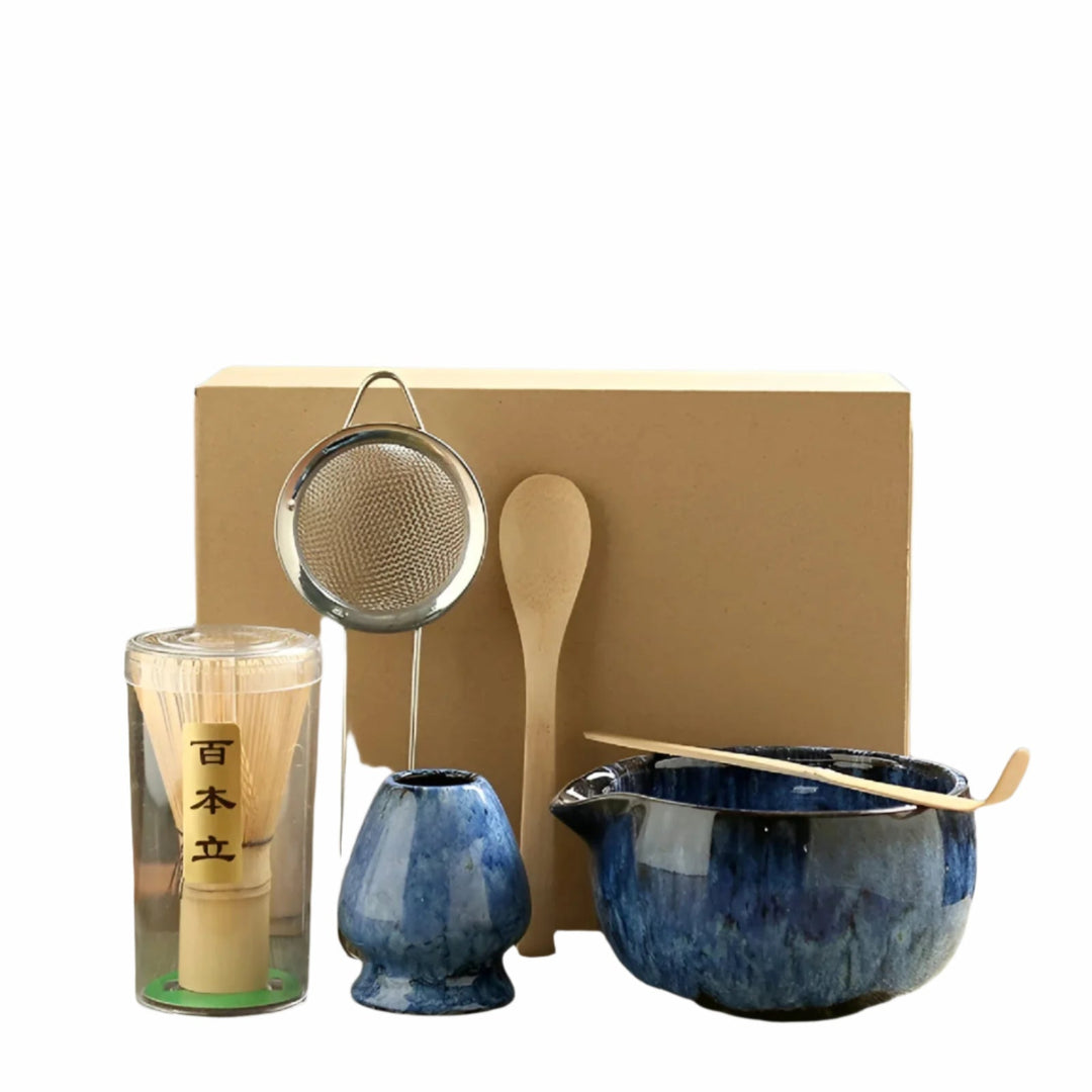 6-teiliges Matcha-Keramikset für die traditionelle Teezeremonie, komplett mit Schale, Bambusbesen & Zubehör.