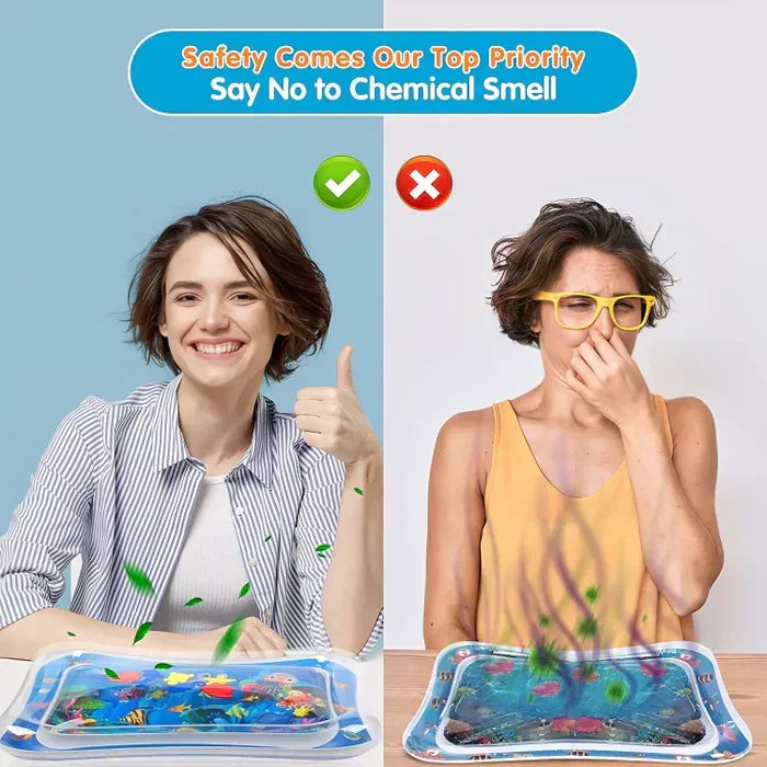 Eine Katze genießt das Wasserspiel auf ihrer neuen interaktiven Spielmatte, perfekt gegen Sommerhitze und Langeweile.