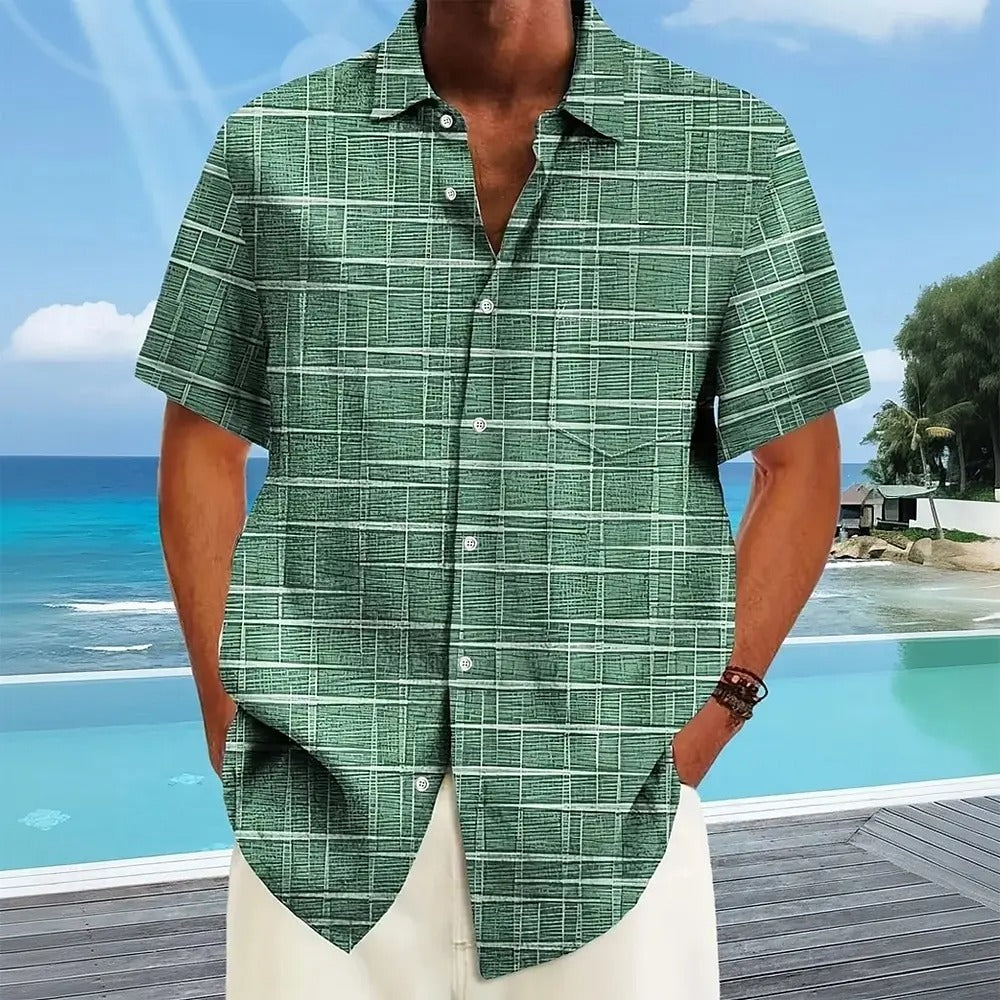 Herren Kurzarm Freizeit Hemd mit buntem Sommermuster, ideal für Strand & Urlaub.