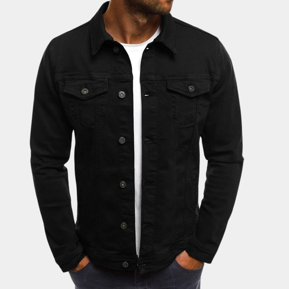 Robuste, klassische Herren-Jeansjacke mit Knopfverschluss und Brusttaschen. Ideale Casual-Mode für Frühling & Sommer.