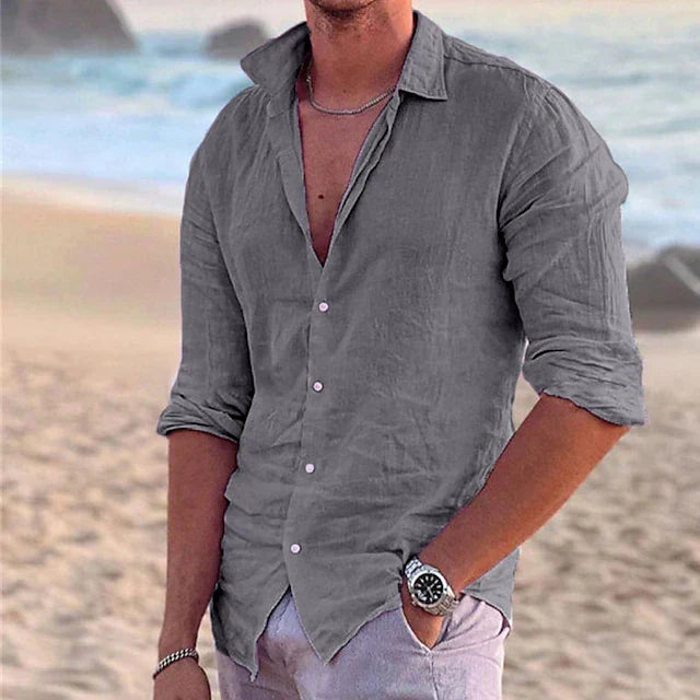 Herren Langarmhemd aus Leinen, bereit für den Urlaub. Stilvolles, knitterarmes Sommerhemd für Reisen & Freizeit.