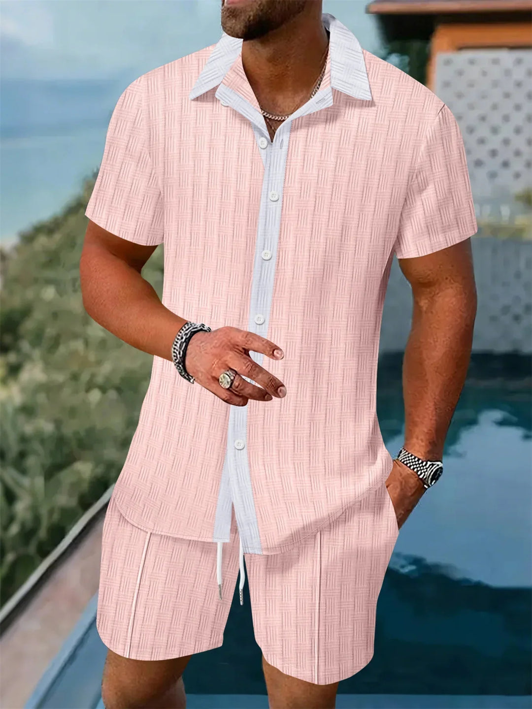 Atmungsaktiver Herren Zweiteiler: Entspanntes Hemd & Shorts Set. Perfekt für Strand, Urlaub oder lässige Sommertage.