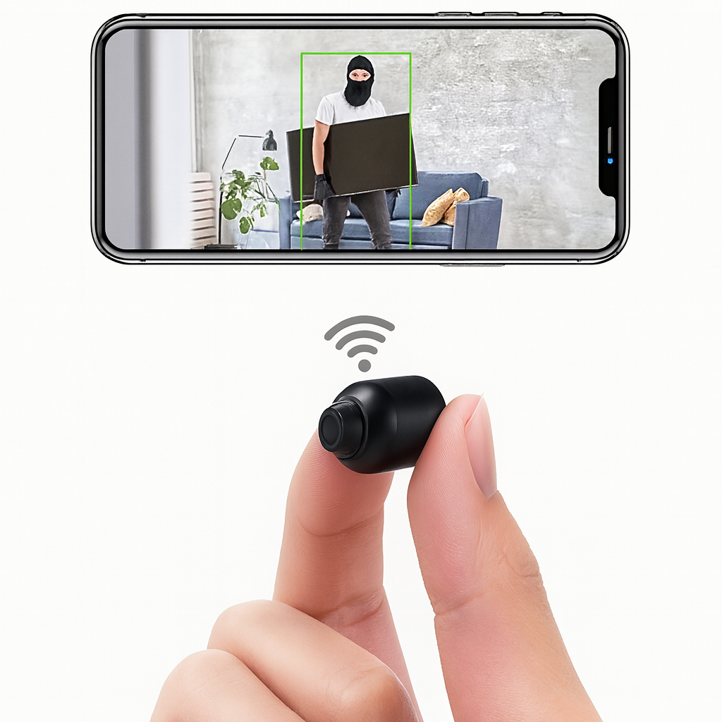 Mini WLAN Kamera mit Nachtsicht für diskrete Heimüberwachung in Full HD, 32 GB Speicherkarte inklusive.