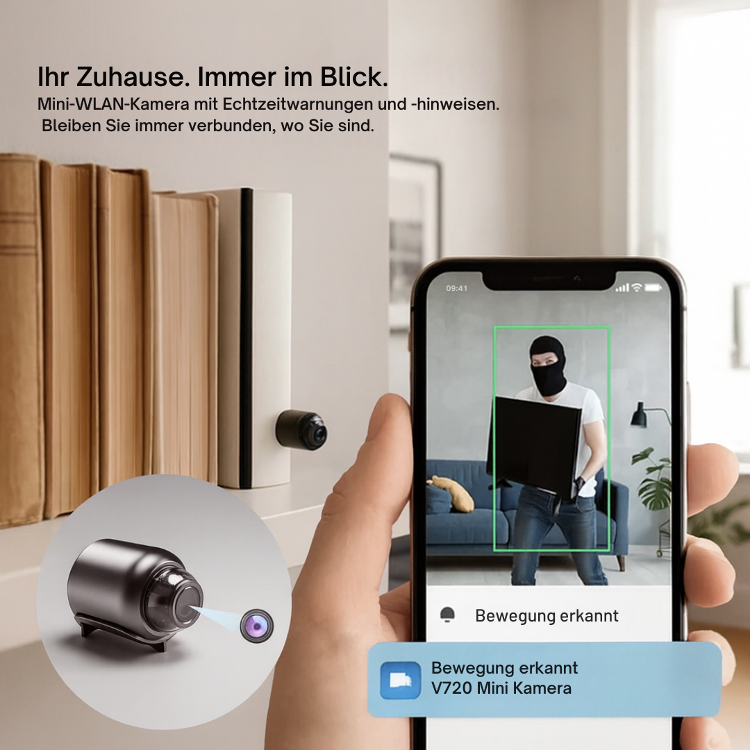 Kompakte Überwachungskamera mit WLAN, Nachtsicht & Bewegungserkennung für Innenbereiche. Inkl. 32GB Speicher.