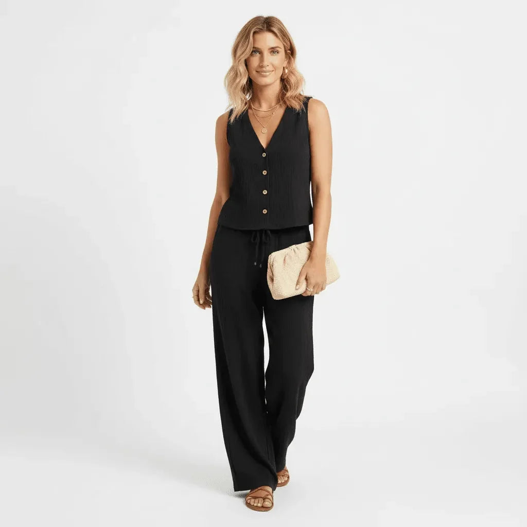 Bequemes Damen Loungewear Set mit Crinkle-Struktur. Entspannter Zweiteiler für Zuhause und Freizeit.
