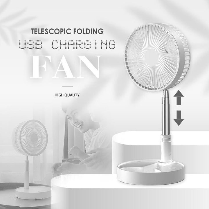 Faltbarer USB-Teleskop-Ventilator für flexible Kühlung unterwegs. Tragbar, mit Akku, ideal für Camping oder Schreibtisch.