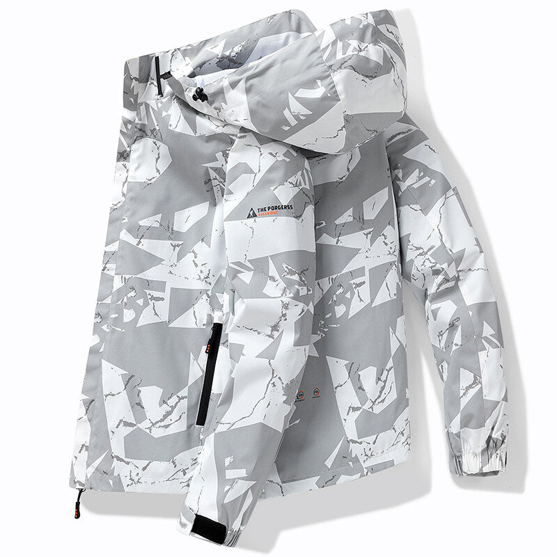 Dunkelblaue Herren Outdoorjacke, wasserdicht & winddicht, für Skibekleidung. Warme Kapuzen-Winterjacke.