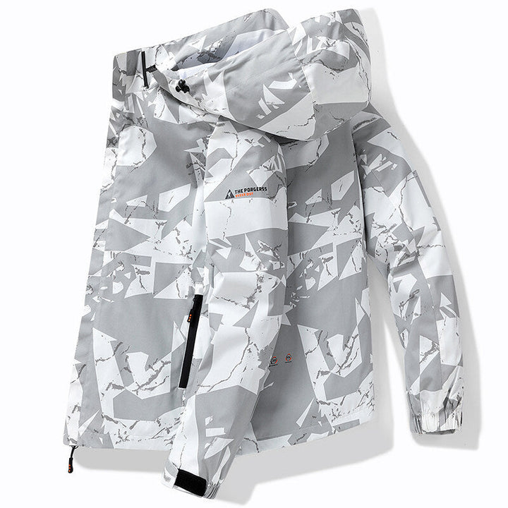 Dunkelblaue Herren Outdoorjacke, wasserdicht & winddicht, für Skibekleidung. Warme Kapuzen-Winterjacke.