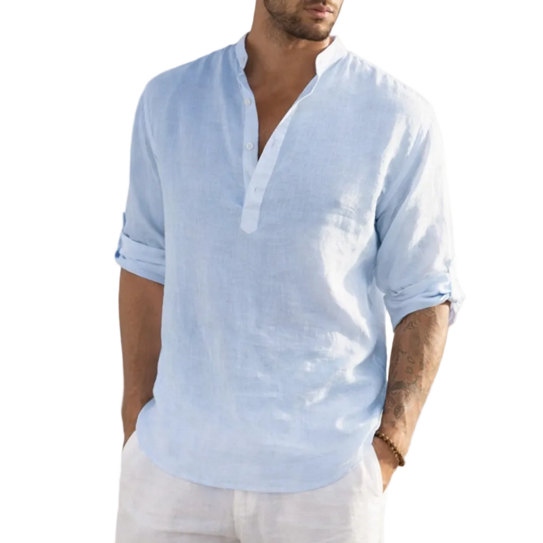 Elegantes Herren Stehkragenhemd in modernem Design. Vielseitiges Sommerhemd für Freizeit und schicke Anlässe.