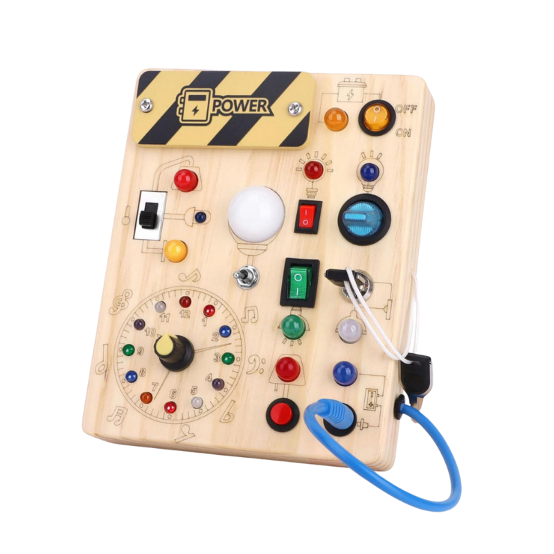 Montessori Holz Aktivitätsbrett mit 8 LED-Lichtern. Lernspielzeug für Kinder, fördert Motorik & sensorische Entwicklung.