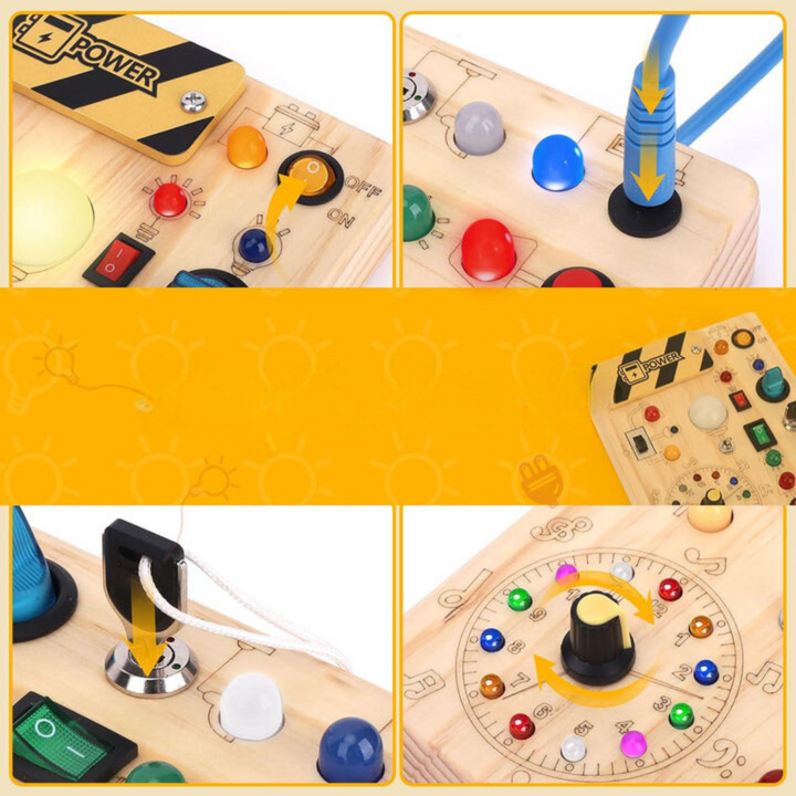 Feinmotorik Montessori-Spielzeug: Holz-Lernbrett mit 8 LED-Schaltern für Vorschulkinder & Babys.