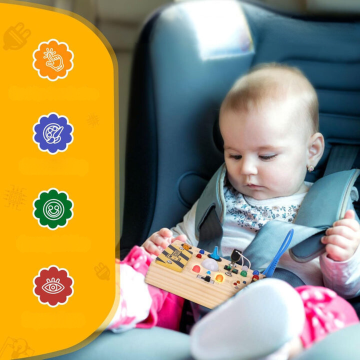 Interaktives Holz-Busy-Board für Kinder. Sensorik- & Feinmotorik-Training mit 8 LED-Lichtern & Schaltern.