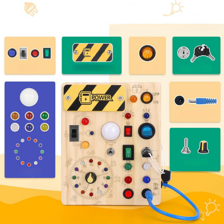 Kompaktes Montessori Holz-Aktivitätsbrett, ideales Reisespielzeug mit 8 LED-Lichtern für Kinder.
