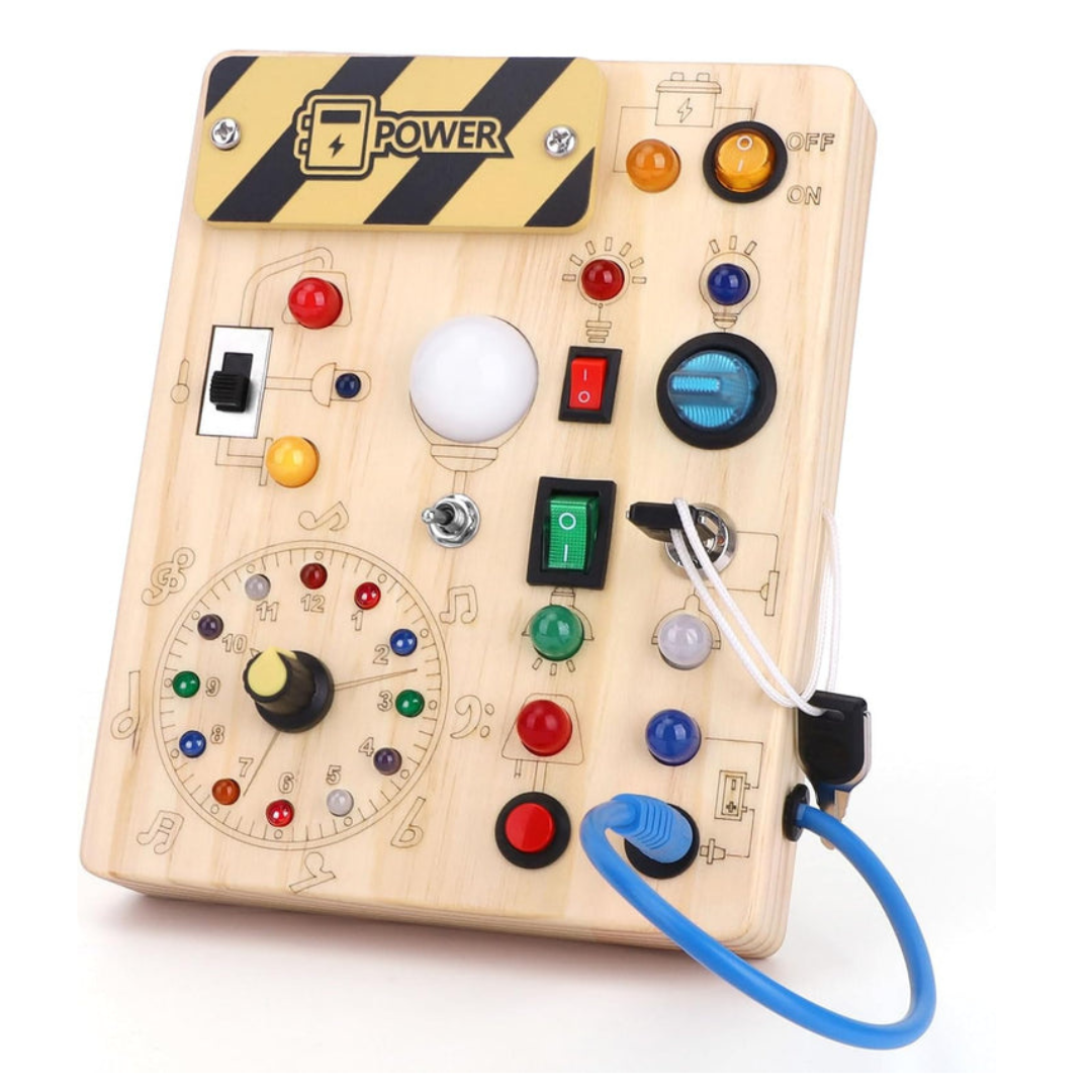 Kinder Holz-Lernspielzeug: Busy Board mit 8 farbigen LED-Lichtern & verschiedenen Schaltern zum Entdecken.