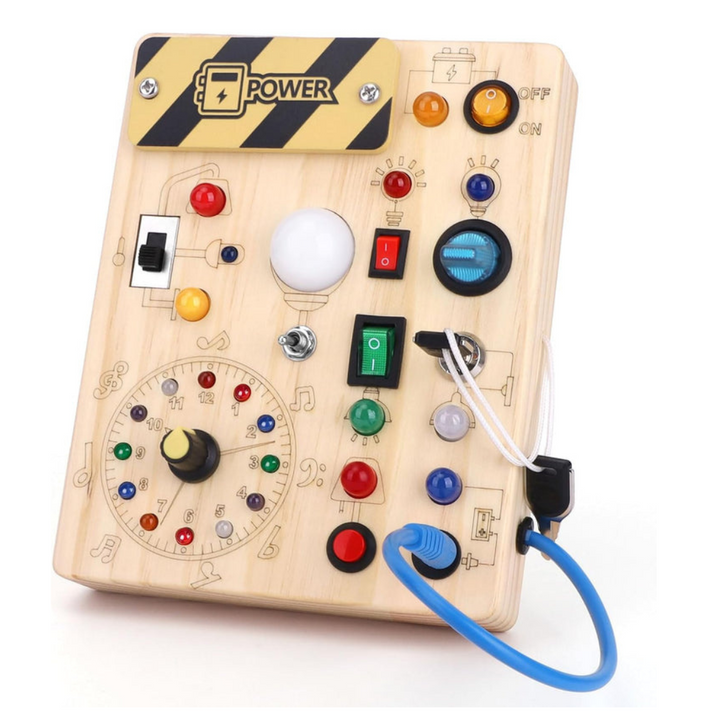 Kinder Holz-Lernspielzeug: Busy Board mit 8 farbigen LED-Lichtern & verschiedenen Schaltern zum Entdecken.