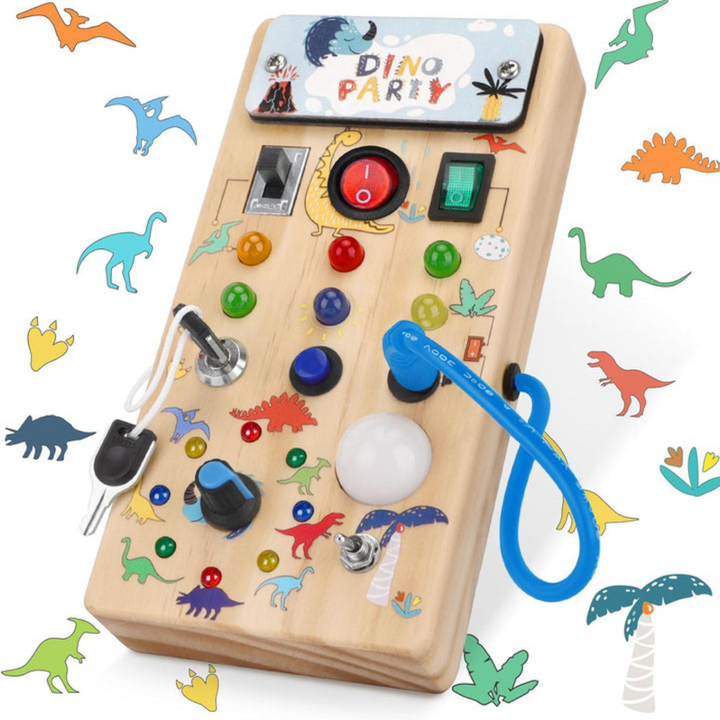 Pädagogisches Babyspielzeug: Holz-Aktivitätsbrett mit LED-Lichtern, fördert sensorische Fähigkeiten.
