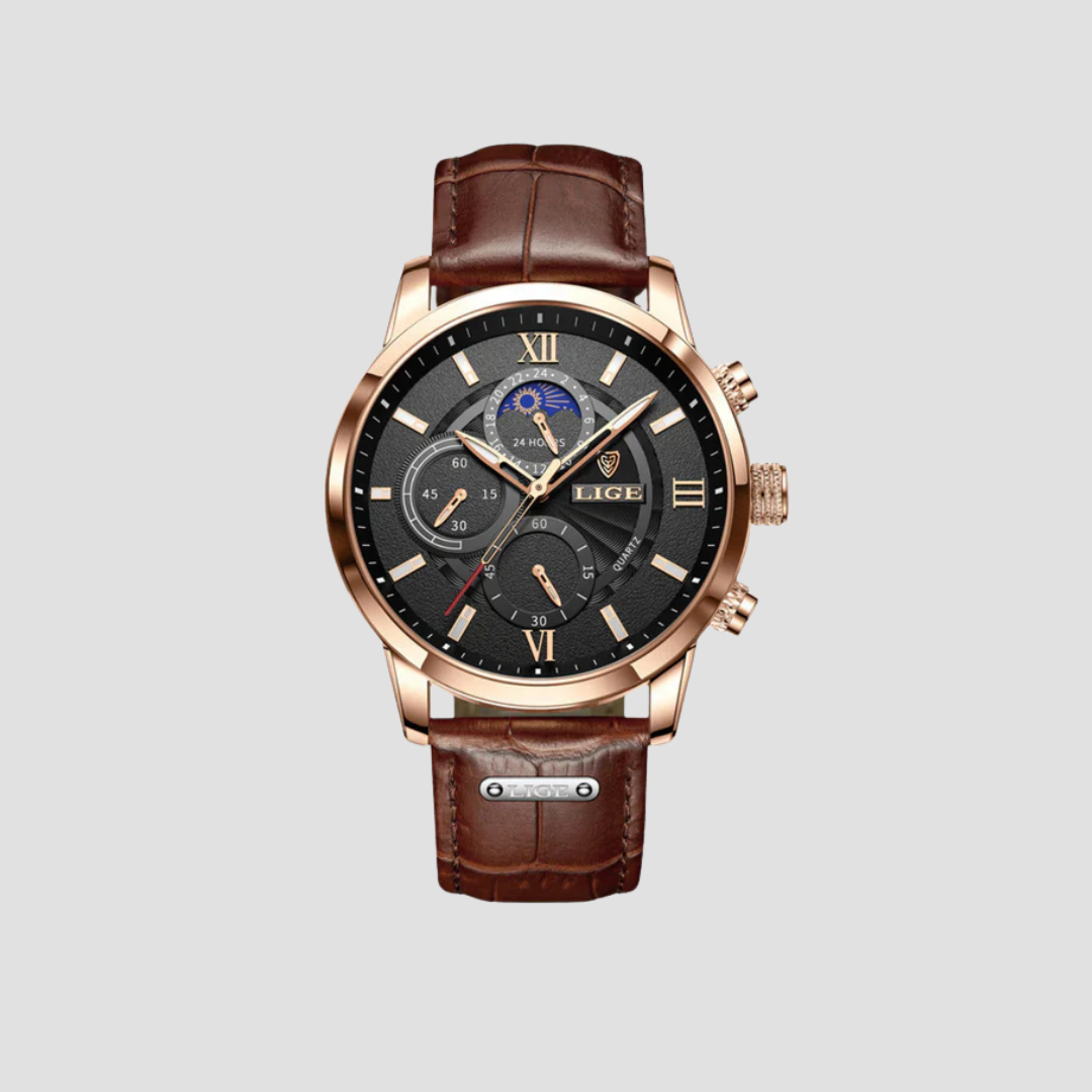 Klassische Herrenarmbanduhr von Davion mit präzisem Quarzwerk und edlem Lederarmband; zeitloses Design.